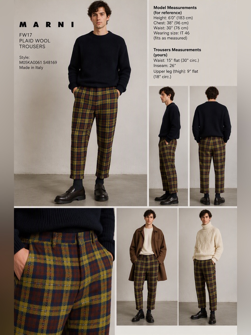 Marni FW17 Plaid Virgin Wool Cropped Trousers IT 46 | Unisex | Made in Italy
